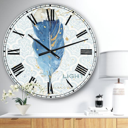 Designart Blue Damask Feather Wall Clock